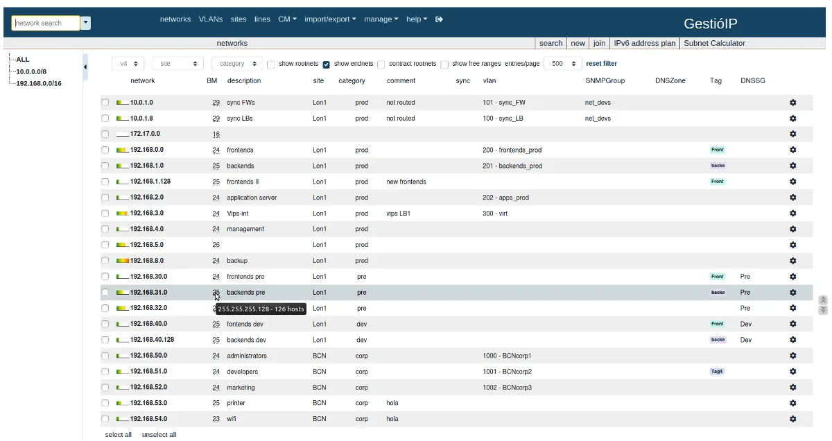 GestioIP user interface, as published by its maker