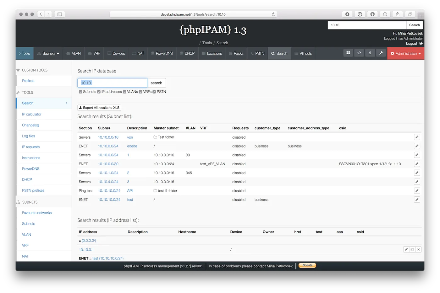 phpIPAM user interface, as published by its maker